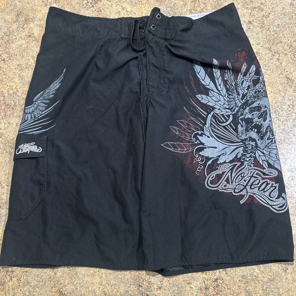 Y2k Vintage No Fear Boardshorts Skull Swim Trunks Surf Black Size 36